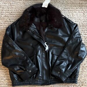 Zara Black Leather Jacket with Plush Fur Trim